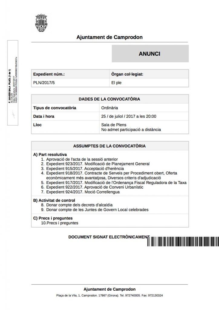 Anunci de la convocatòria juliol